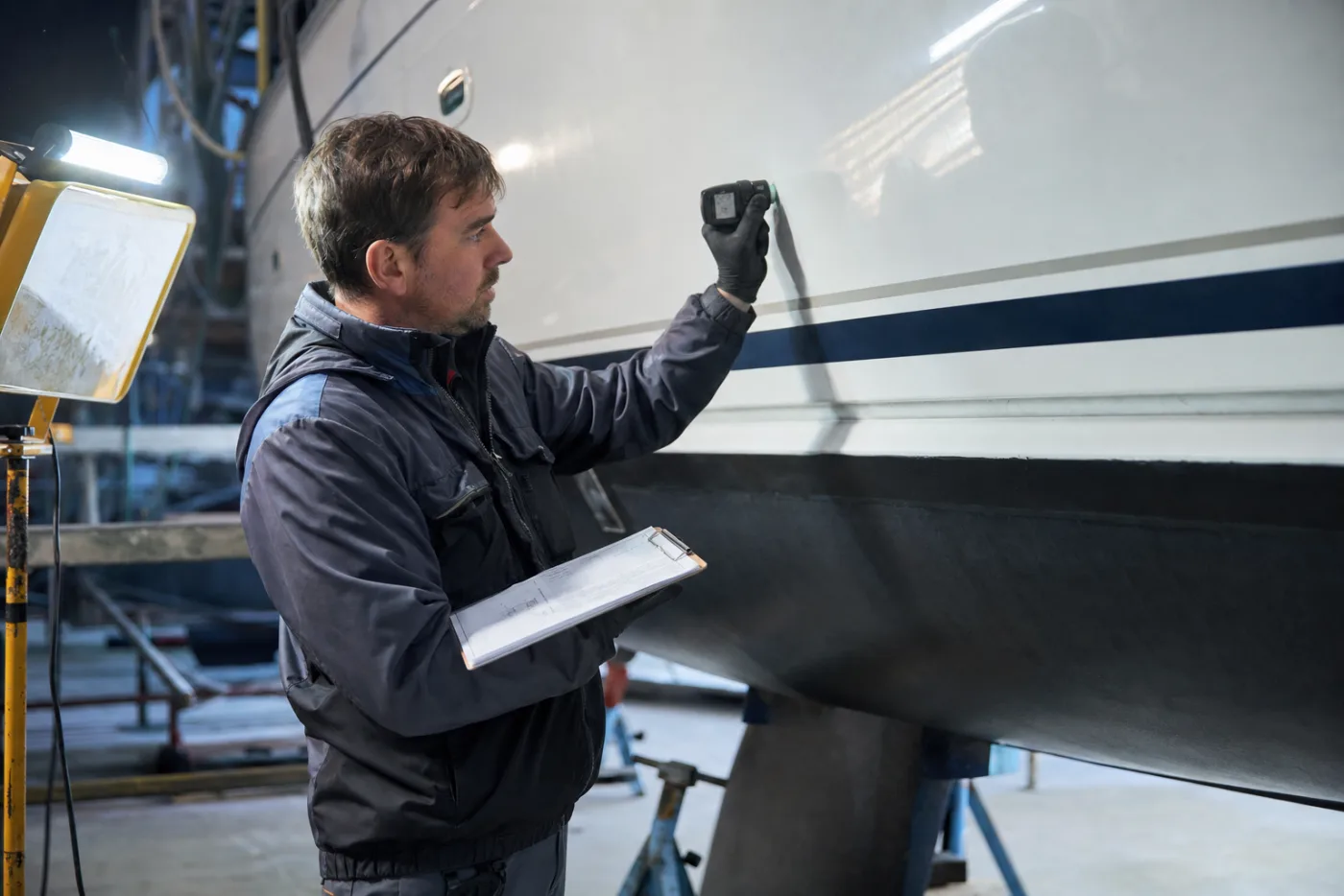 A surveyor taking readings on a hull under work lights